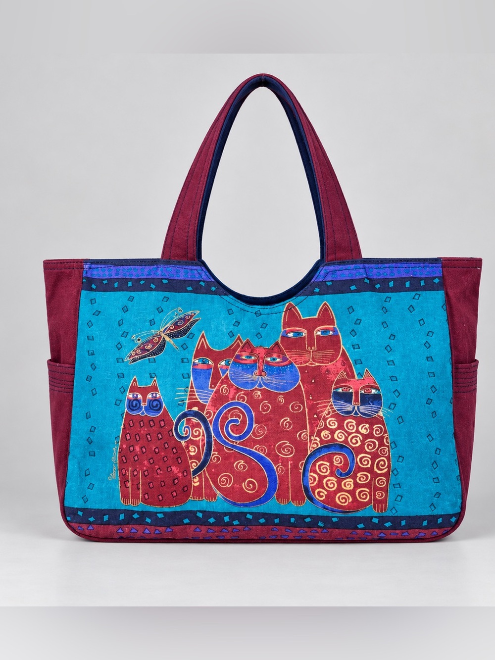 Vintage Laurel Burch Feline Family Cat Canvas Tote Bag Cat Lady Folk Art